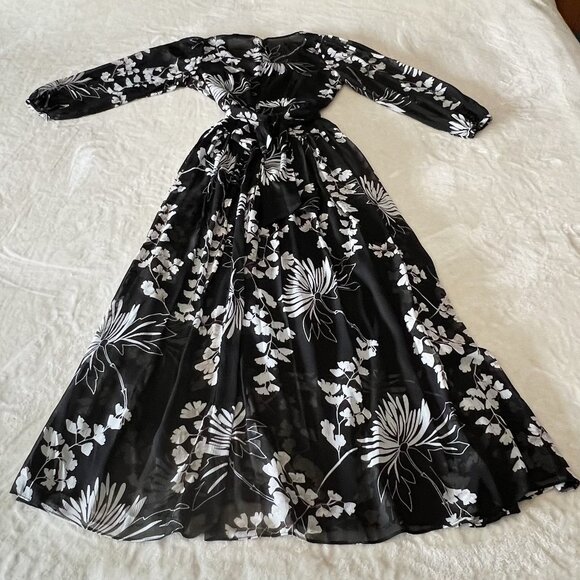 CALVIN KLEIN black white floral chiffon maxi lined flowy dress size 4 - Picture 7 of 8